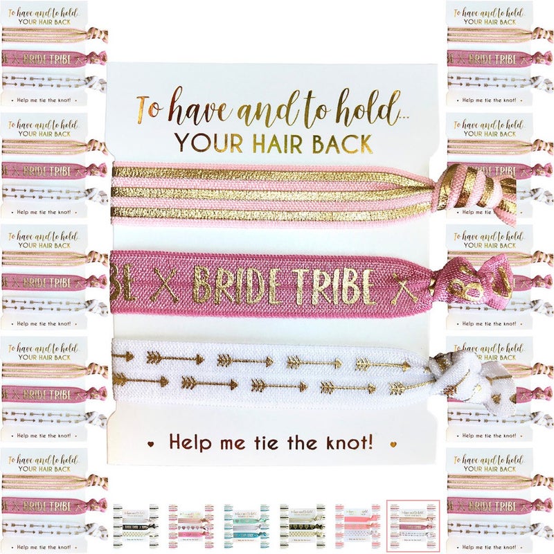 Bachelorette to Bride 10-Pack of Hair Tie Cards - Bachelorette Party and Wedding Shower Proposal Gifts for Bridesmaids, Team Bride, Bride Tribe (Blush & Gold (Tribe)) - Image 1
